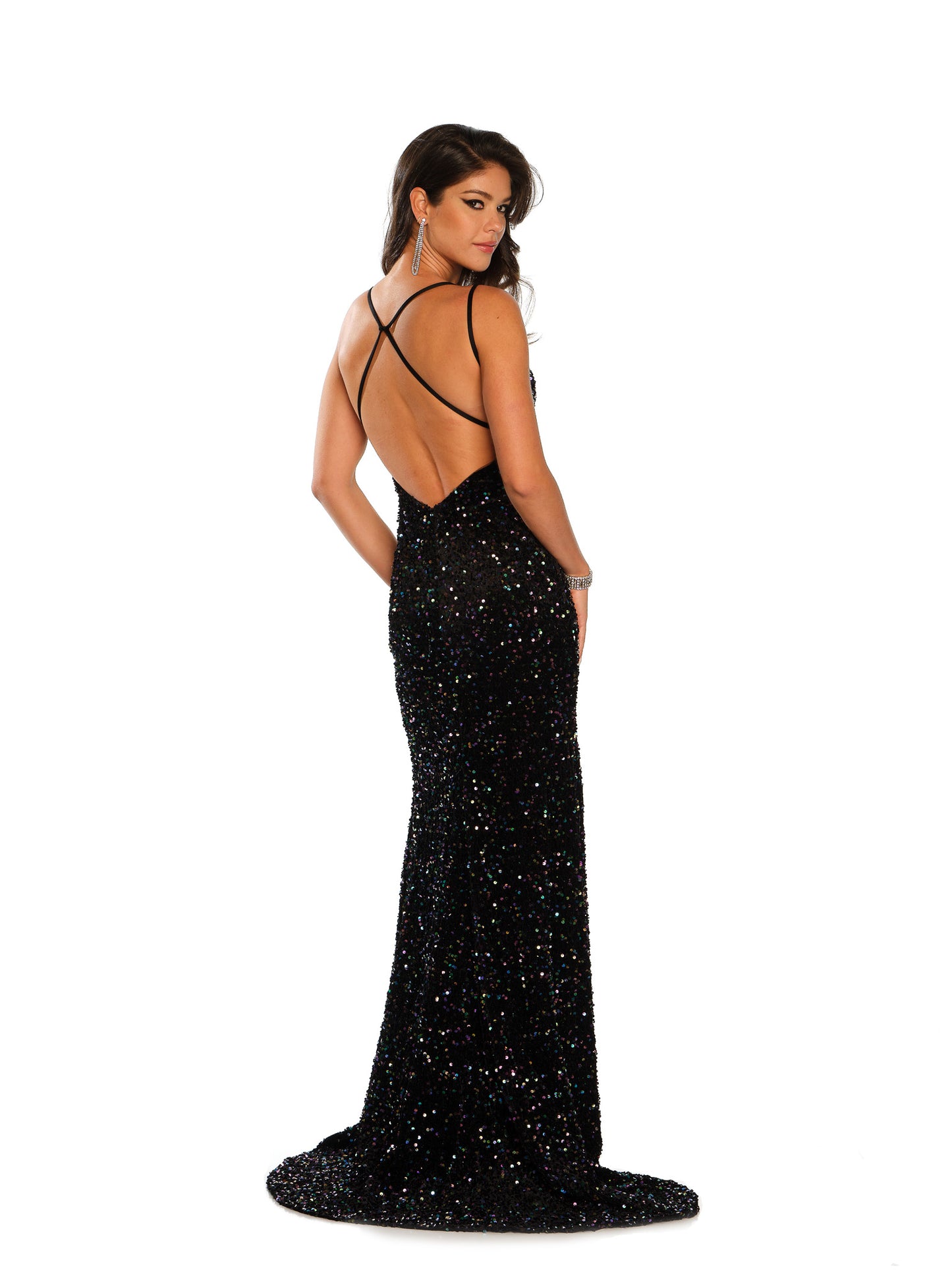DOUBLE STRAP FITTED IRIDESCENT SEQUIN GOWN