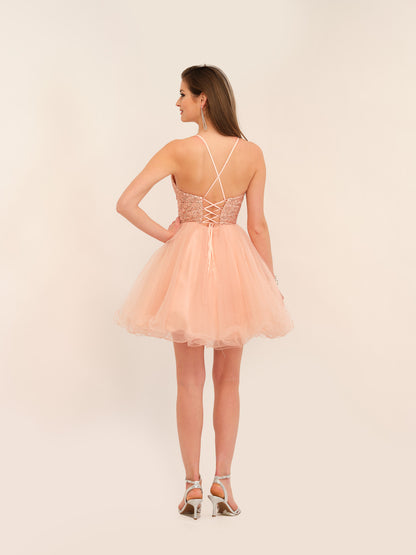 SEQUINED LACE UP BACK TULLE DRESS