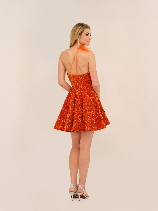 FEATHERED ONE-SHOULDER SEQUINED FLARED DRESS