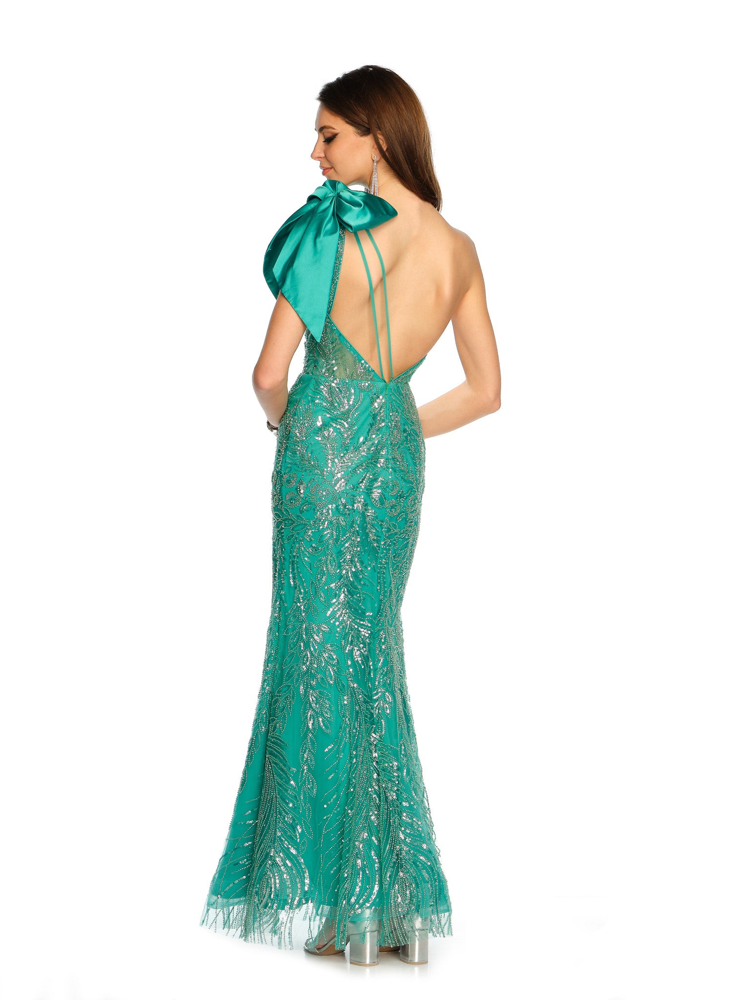 ONE-SHOULDER BOW SEQUIN BACKLESS TRUMPET MAXI GOWN - Dave & Johnny ONE-SHOULDER BOW SEQUIN BACKLESS TRUMPET MAXI GOWN - Dave & Johnny