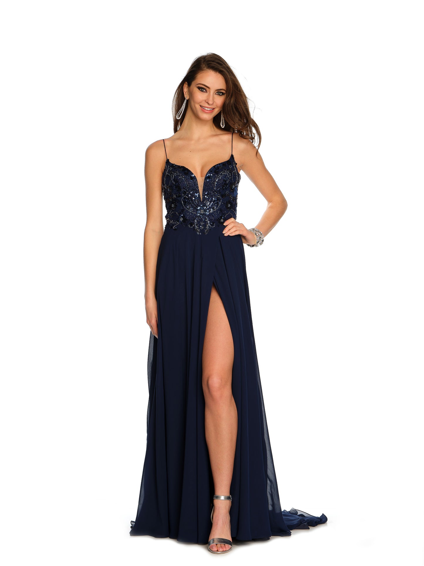 SEQUINED V-NECK BACK CUT OUT FLOWING GOWN