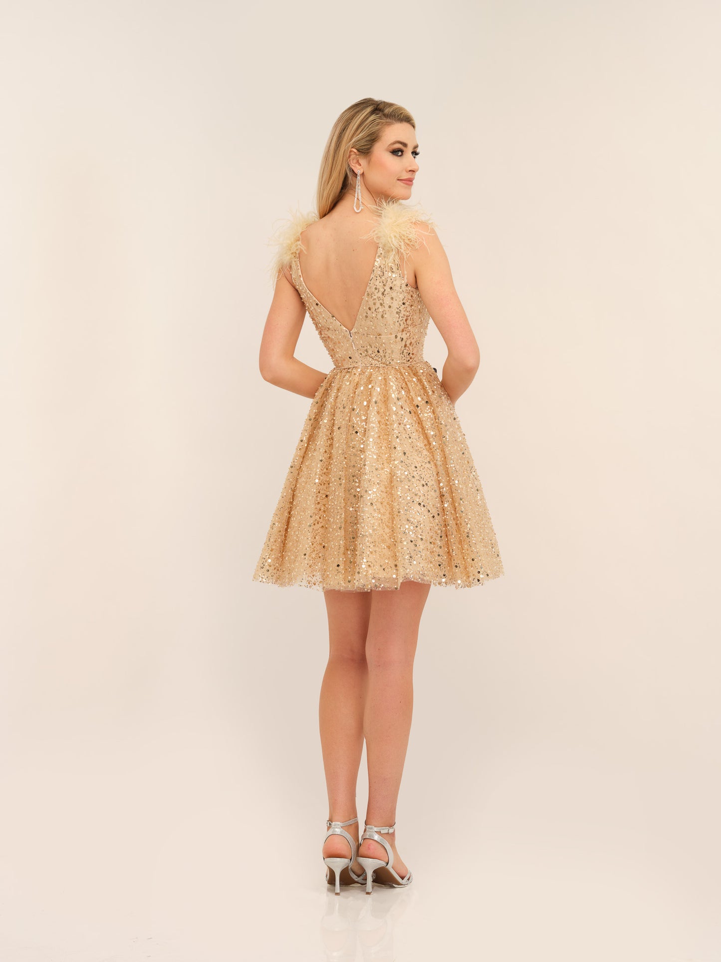 FEATHER ACCENT SEQUINED MINI DRESS