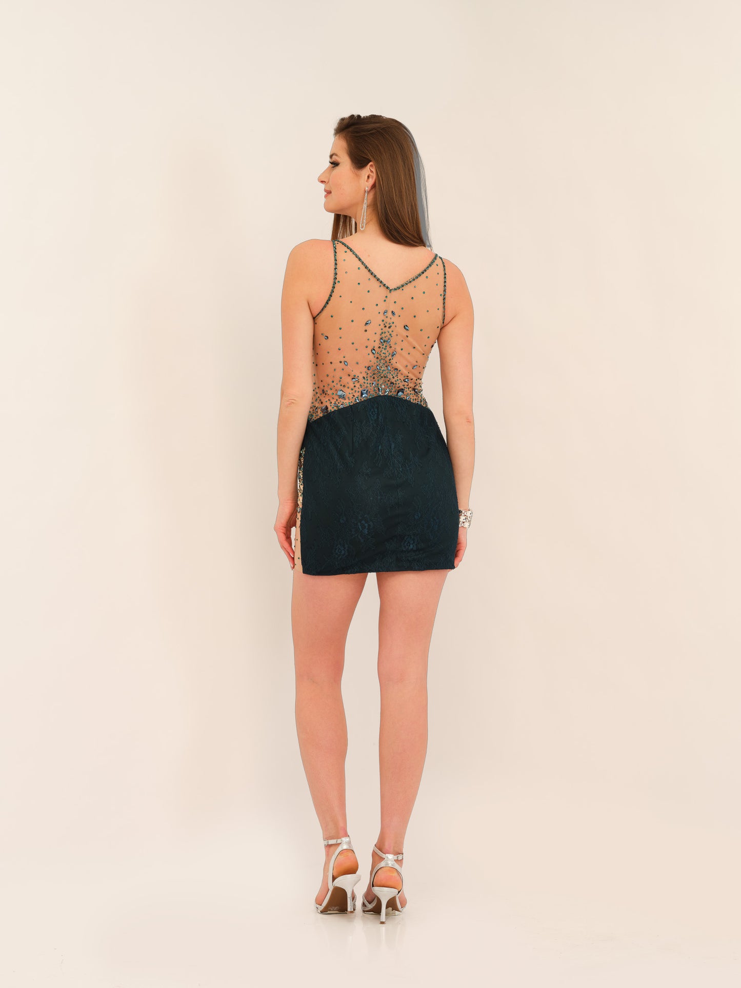 LACE OVERLAY BACKLESS BEJEWELED MINI DRESS
