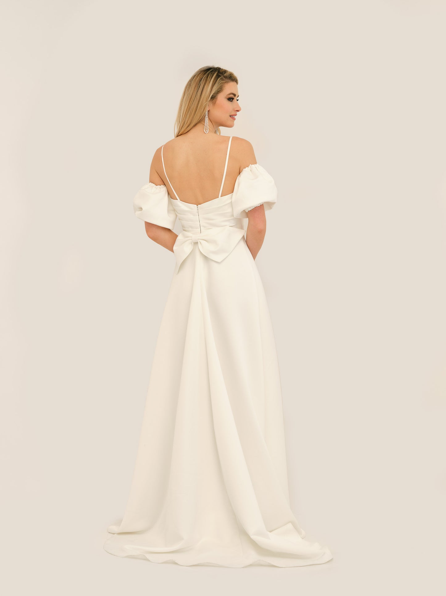 CRISSCROSS PUFF SLEEVE LONG A-LINE WEDDING GOWN WITH BOW
