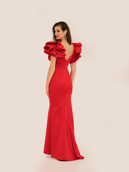 RUFFLE SHOULDER JERSEY GOWN