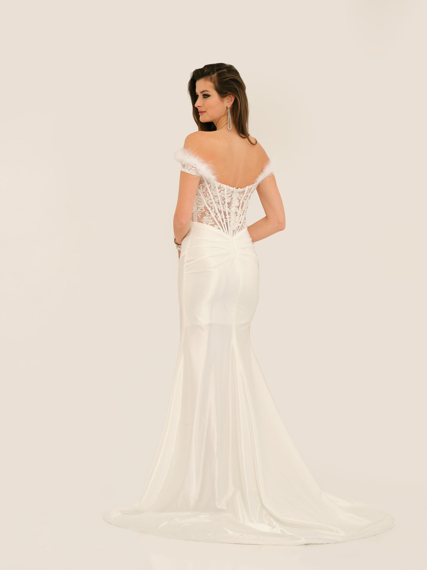 FEATHER ACCENT TRANSPARENT BODICE COLUMN WEDDING GOWN