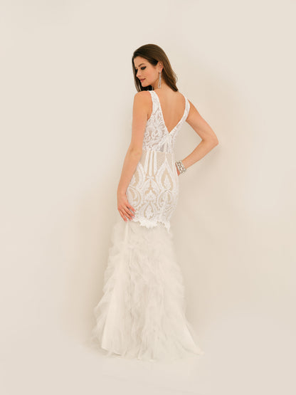 SCOOP BACK LACE FEATHER MERMAID WEDDING GOWN