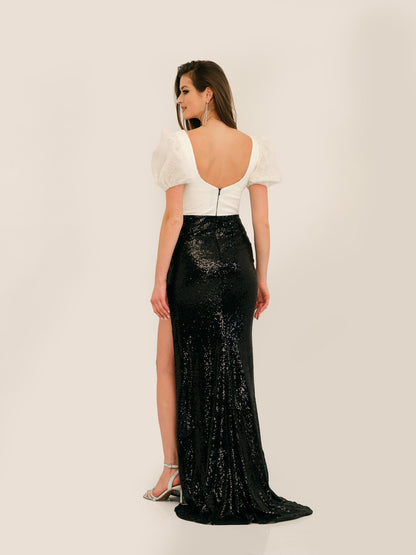 SEQUINED TWO-PIECE ILLUSION PUFF SHORT SLEEVE GOWN