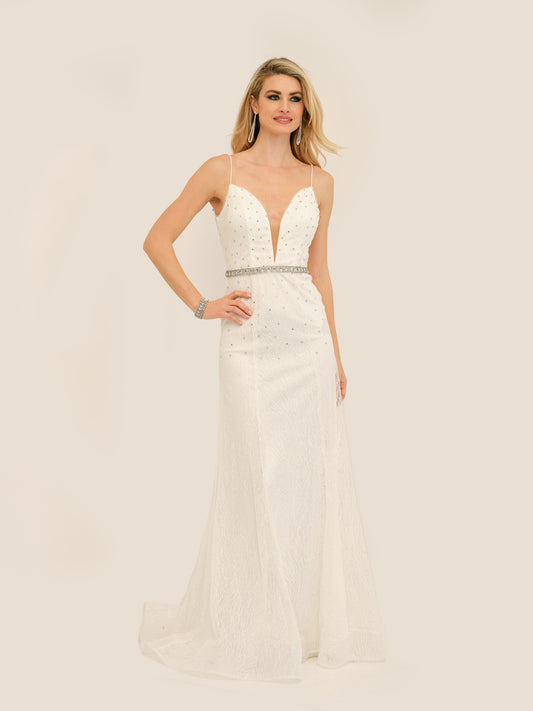 BEJEWELED LOW CUT SCOOP BACK WEDDING GOWN