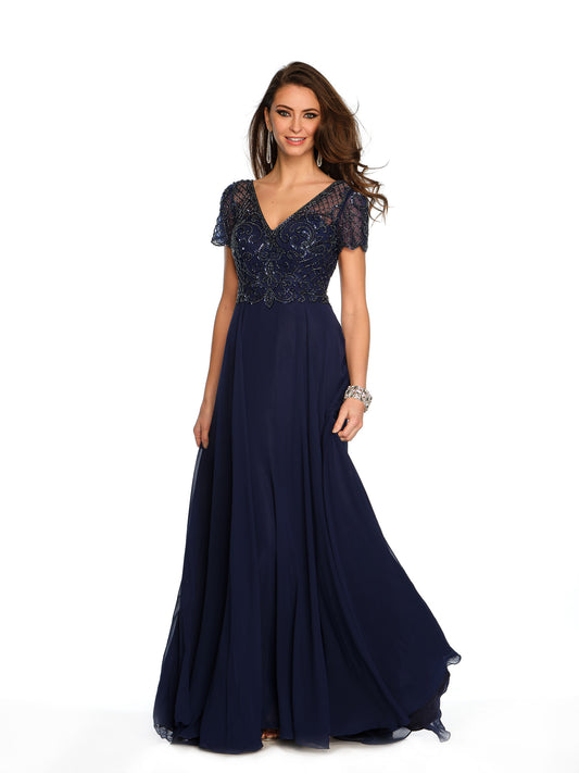 V-NECK SHORT SLEEVE BEADED LAYERED GOWN