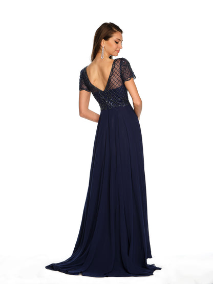 V-NECK SHORT SLEEVE BEADED LAYERED GOWN